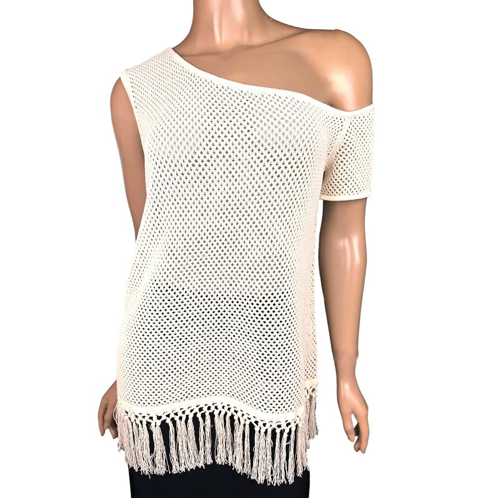 Edun size M Ecru Melange Tech Mesh One Shoulder Tank Top Open Weave Cotton/Nylon